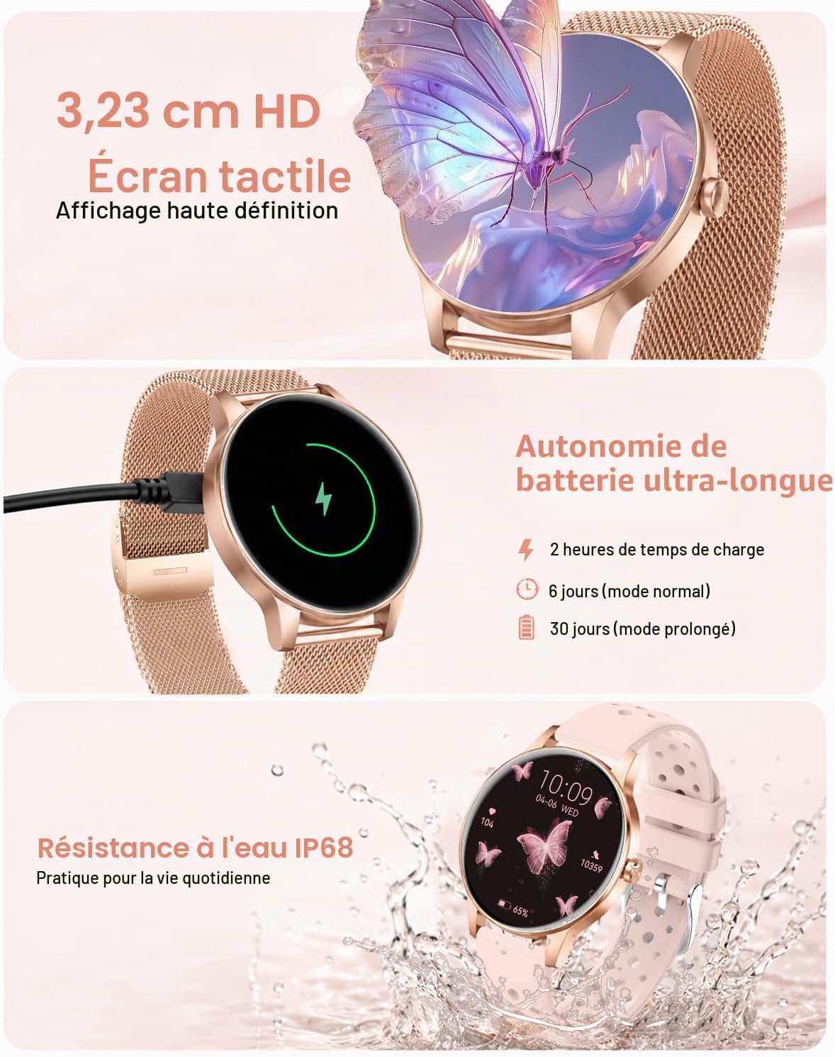Women's smartwatch showcasing HD touchscreen, long battery life and IP68 waterproof protection