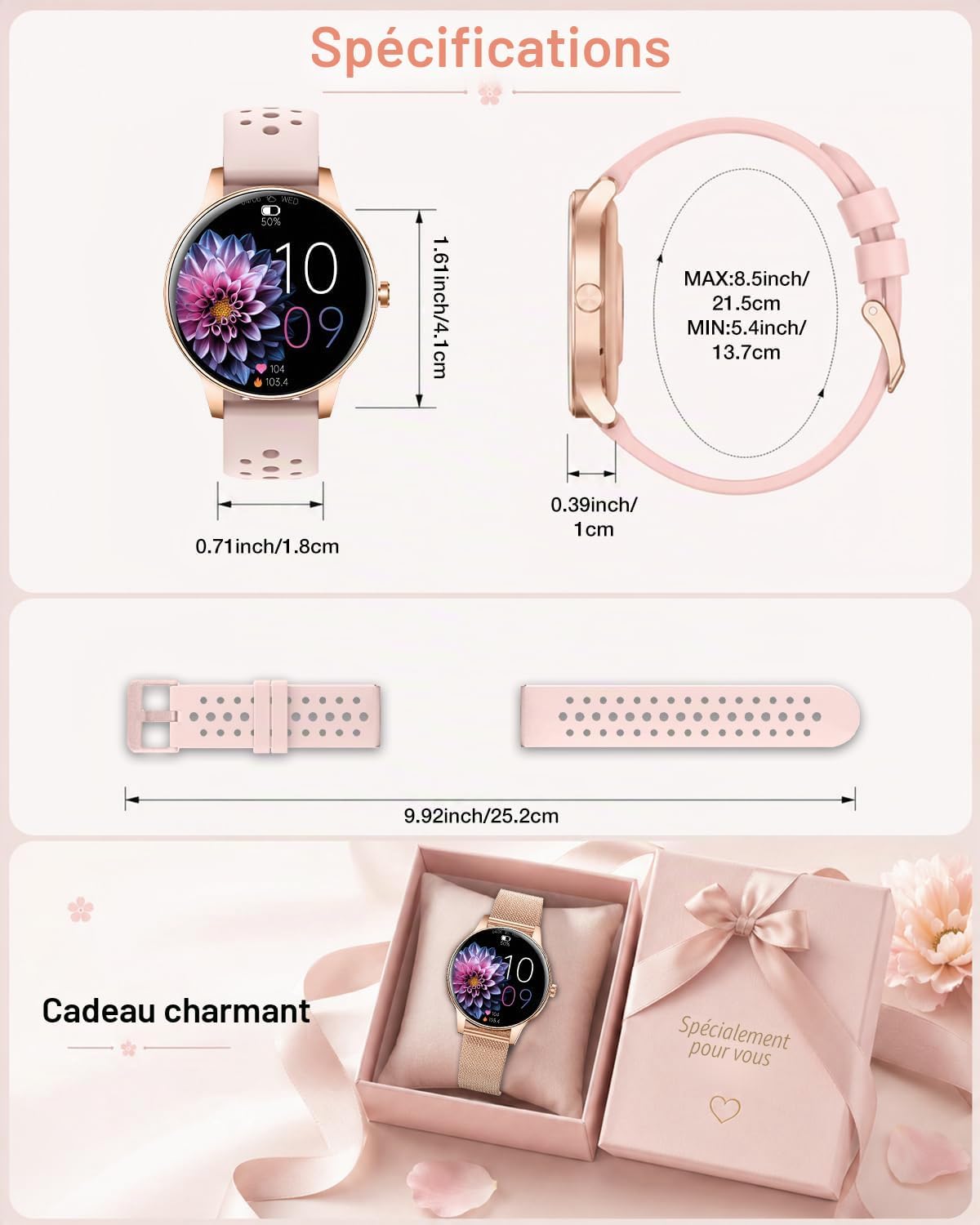 Smart watch dimensions, adjustable strap sizing and elegant gift box packaging for women