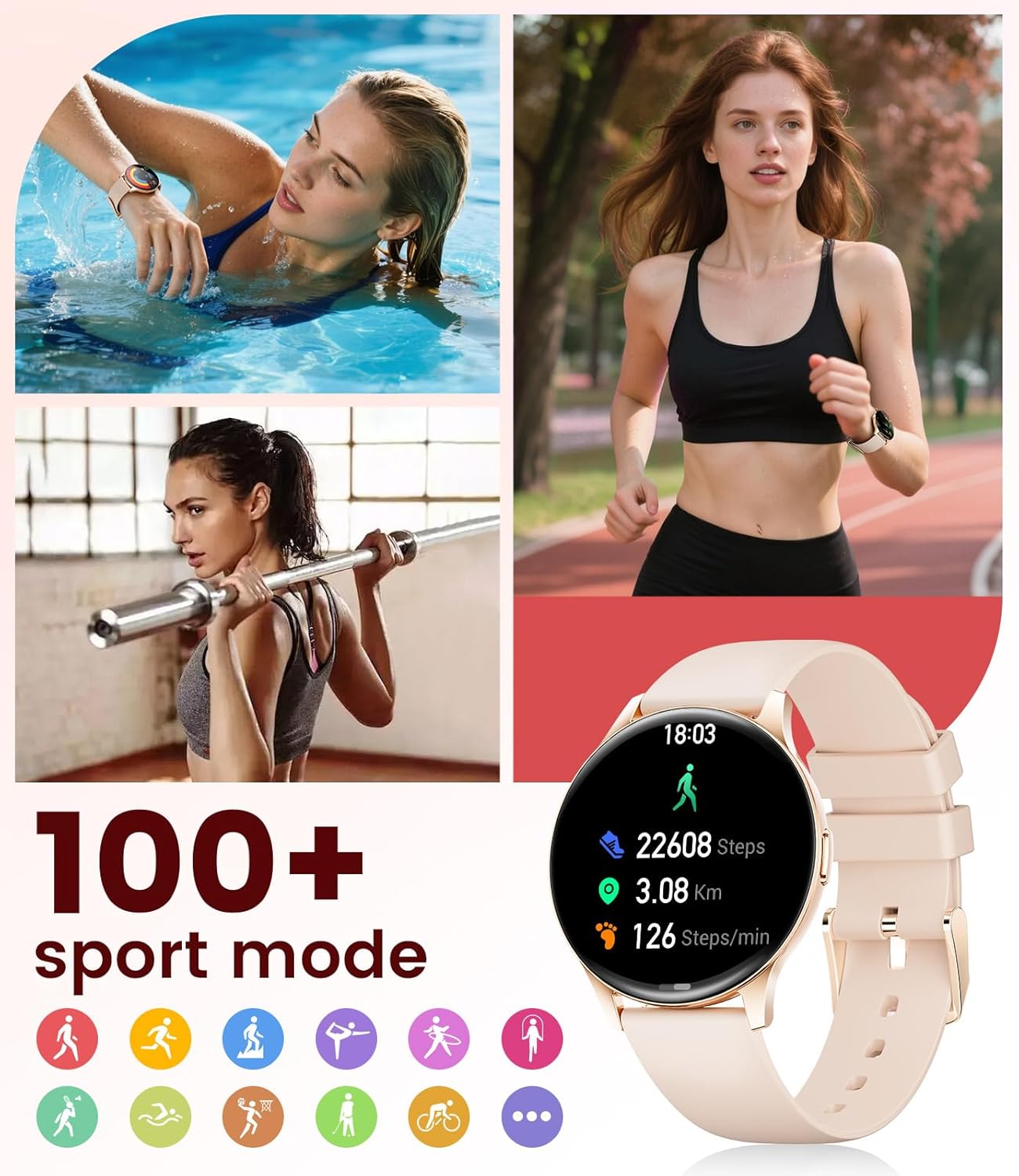 Women using smartwatch while swimming, running, and weightlifting
