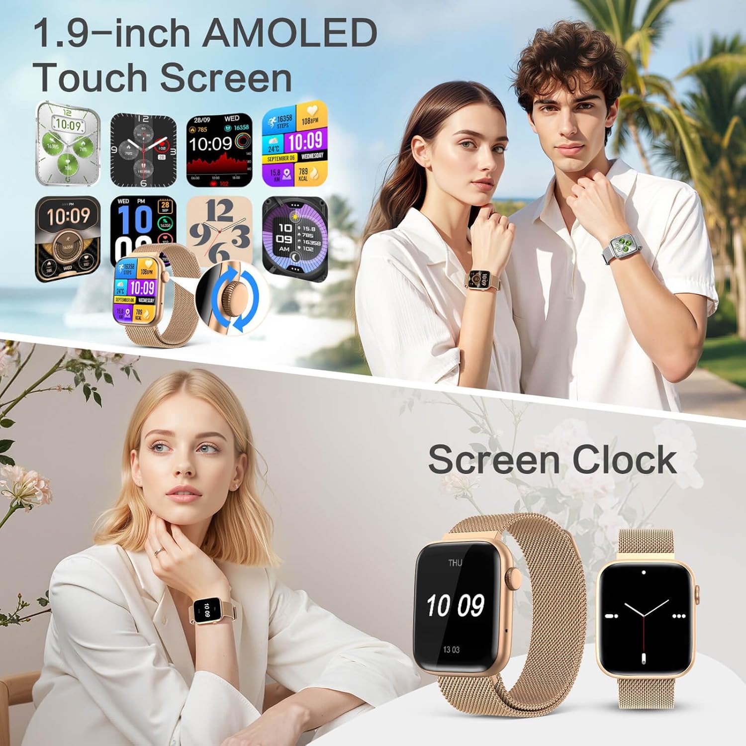Variety of AMOLED smartwatch faces displayed on models and standalone.