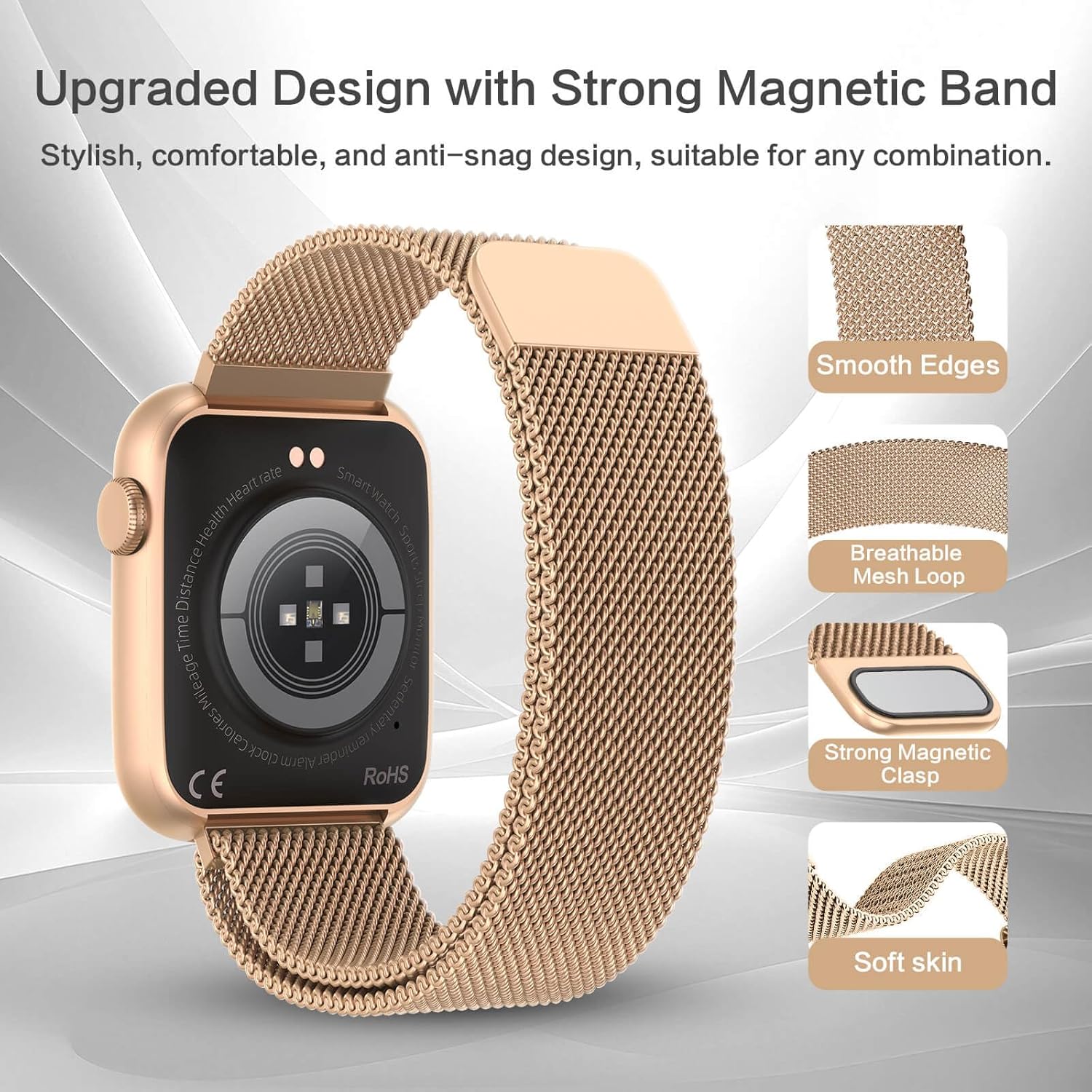 Back of rose gold smartwatch highlighting breathable magnetic mesh band.
