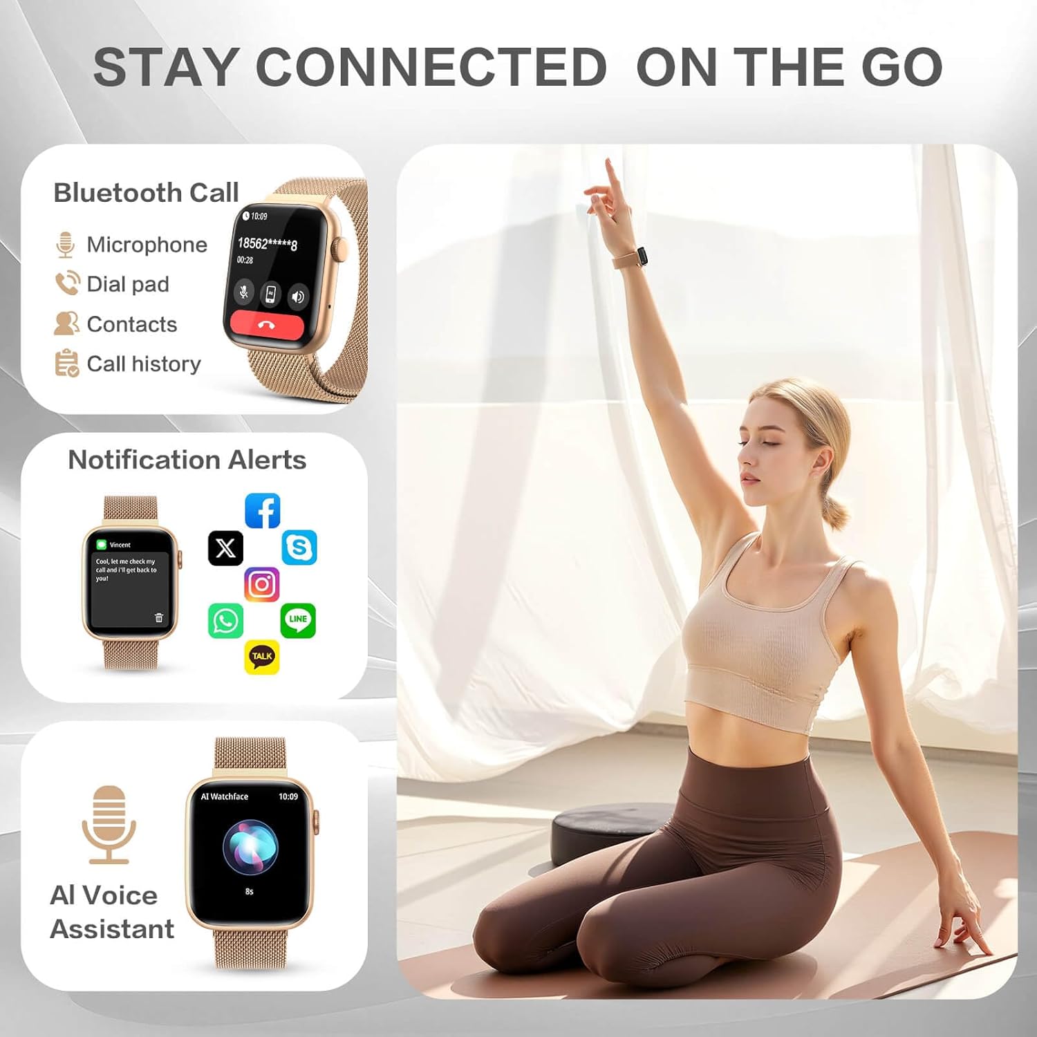 Smartwatch with Bluetooth calling and social media notifications on screen.