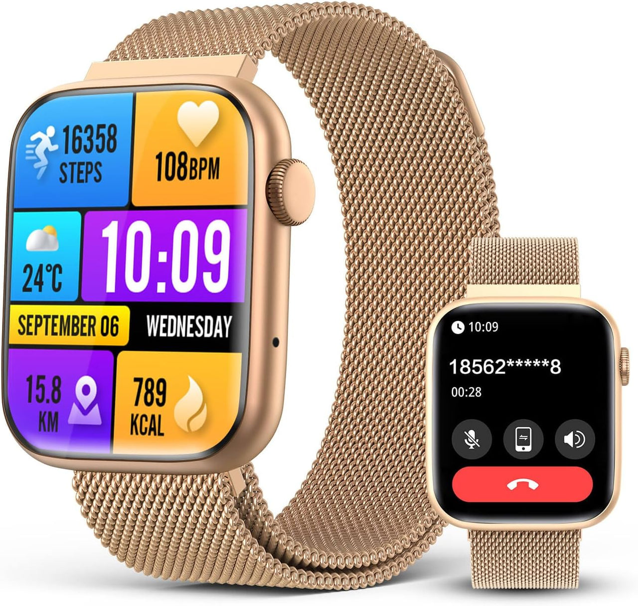 Elegant rose gold smartwatch showing AMOLED screen with health and fitness tracking display.