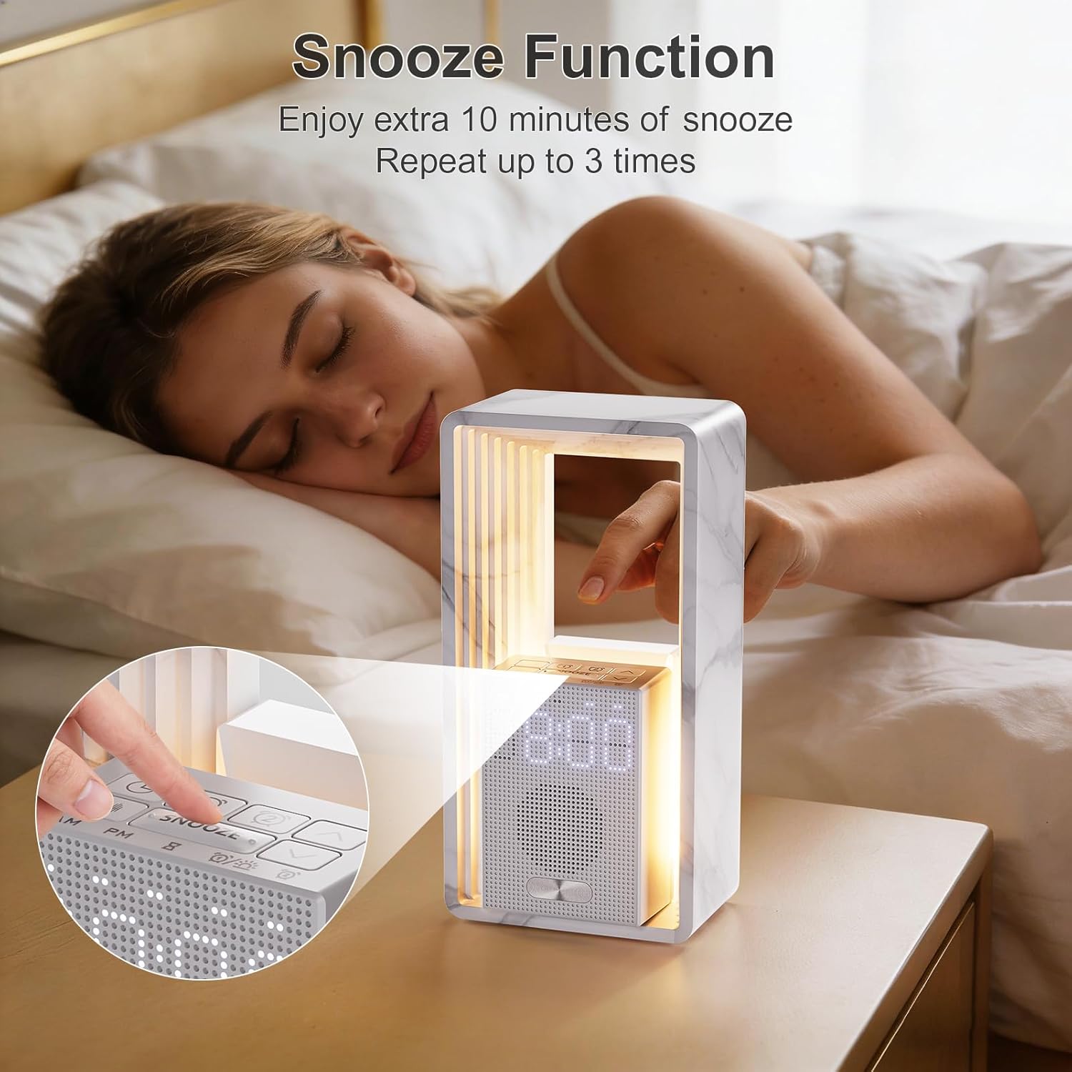 Sunrise alarm clock featuring snooze button and bedside controls