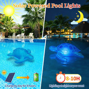 Solar powered inflatable turtle pool light charging during the day and glowing at night