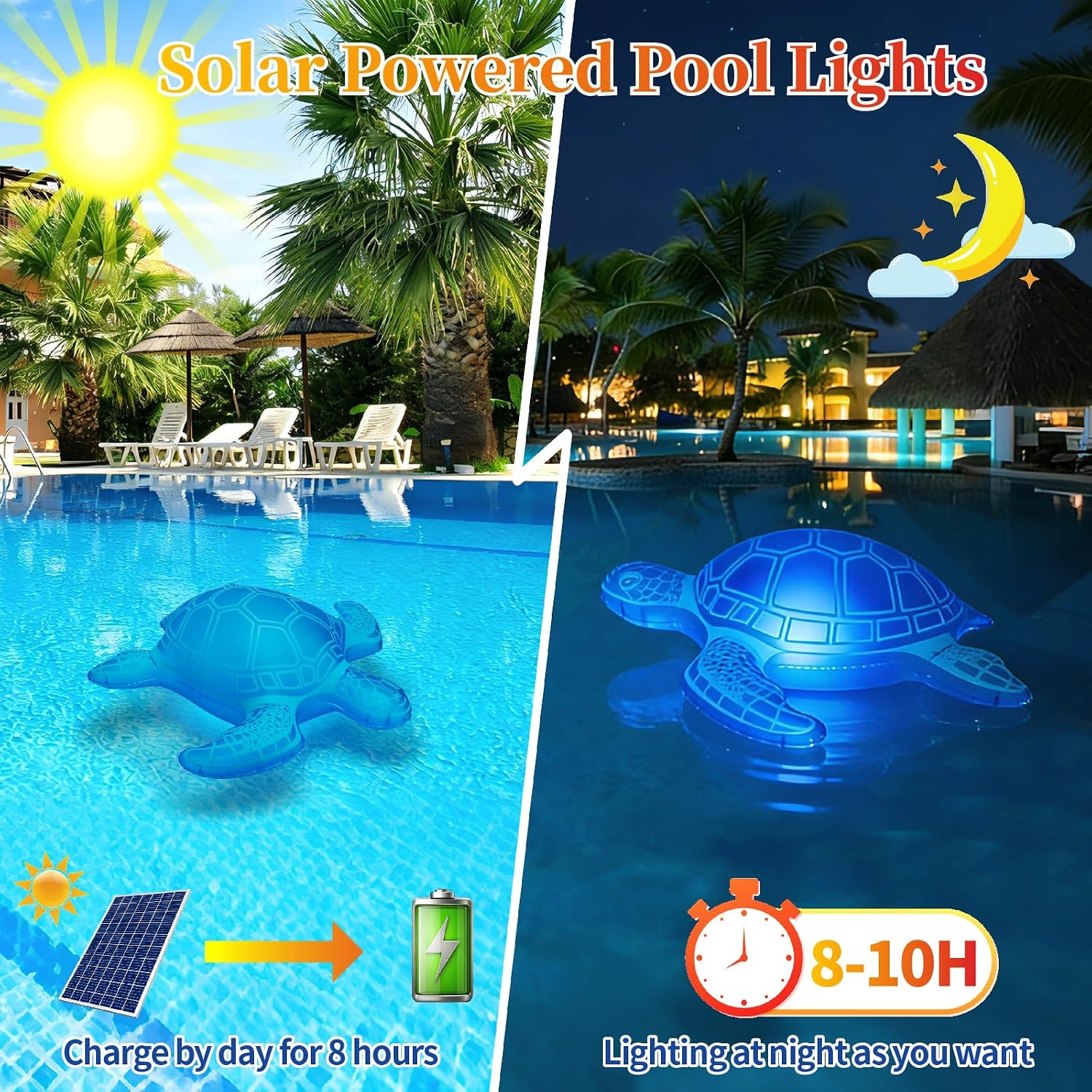 Solar powered inflatable turtle pool light charging during the day and glowing at night