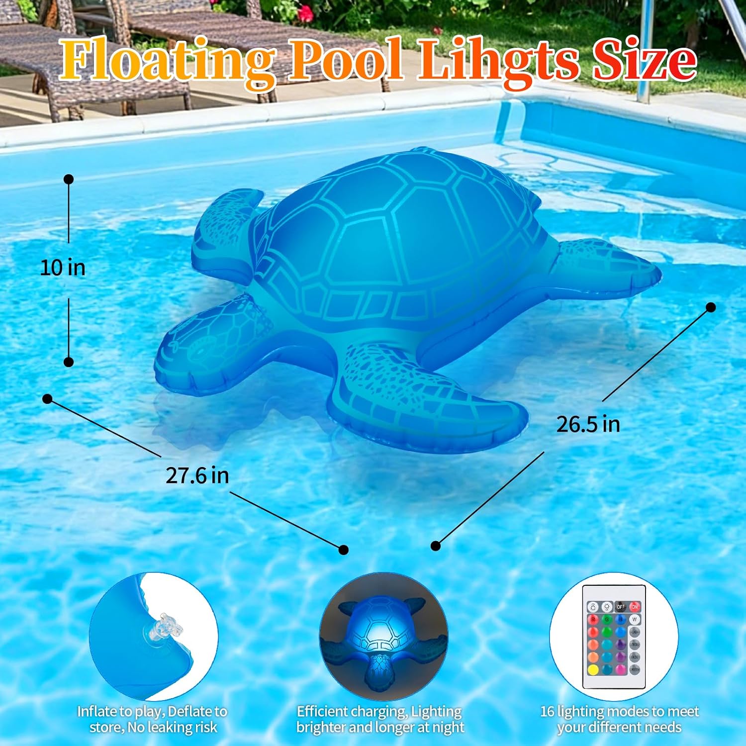Dimensions of inflatable solar floating turtle pool light with remote control