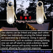 Two personal alarms with paging SOS feature during outdoor camping scenario
