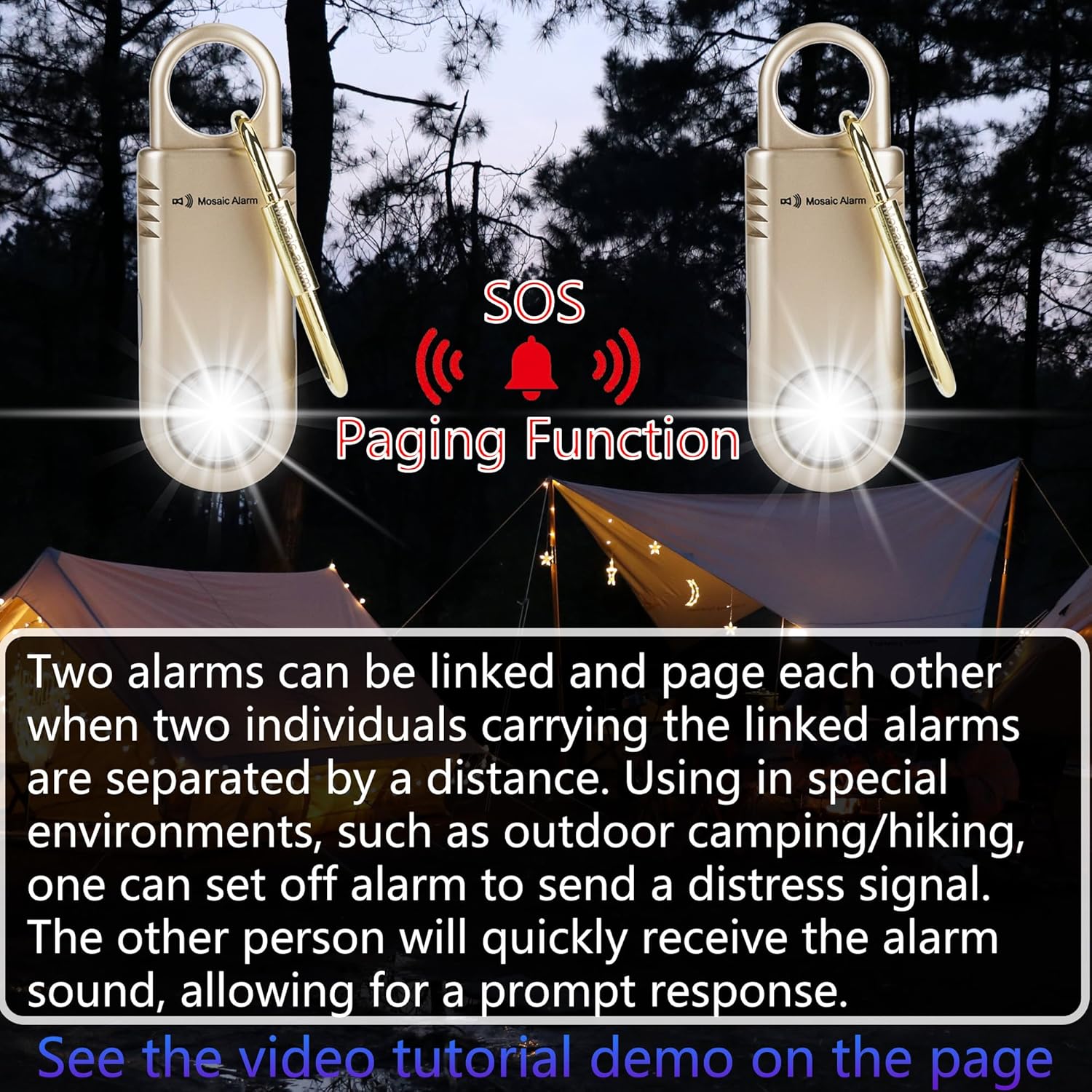 Two personal alarms with paging SOS feature during outdoor camping scenario