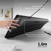Black electronic device with hand holding it, labeled features on a white background