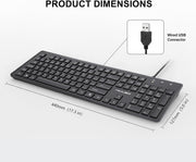 Black keyboard with USB connector and dimensions labeled on a white background