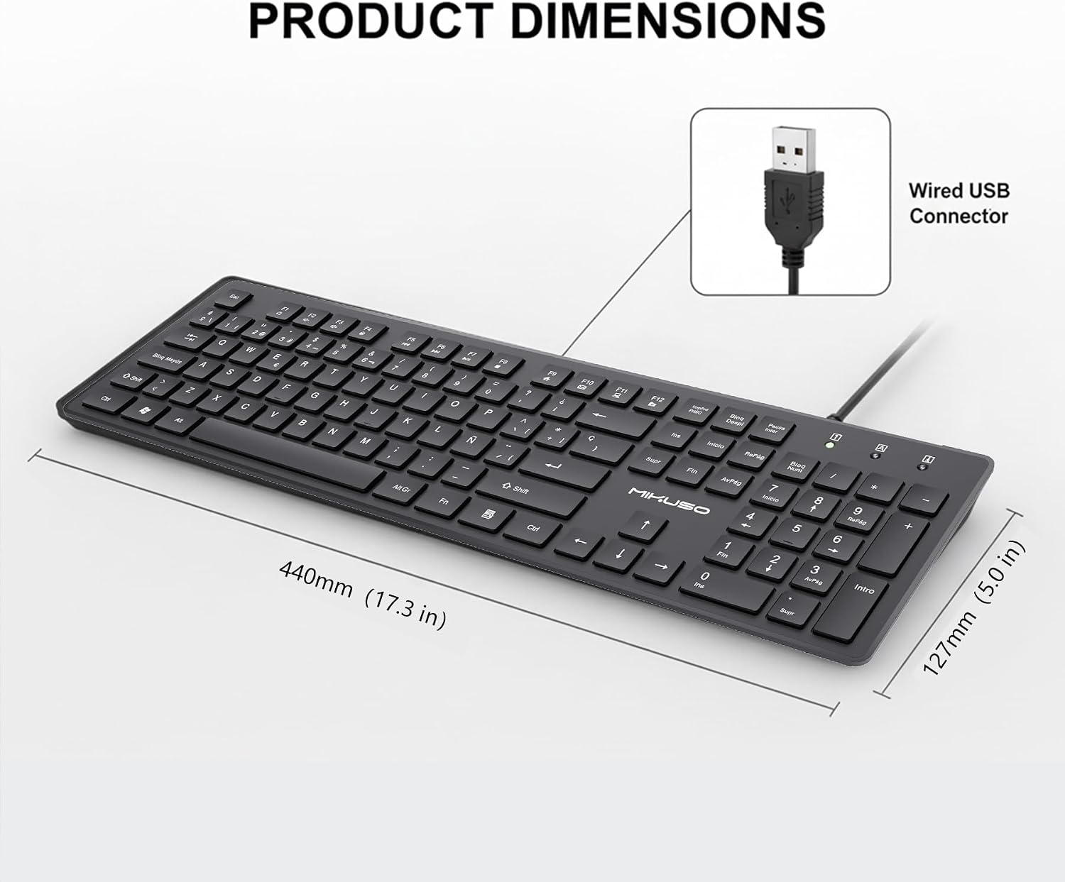 Black keyboard with USB connector and dimensions labeled on a white background