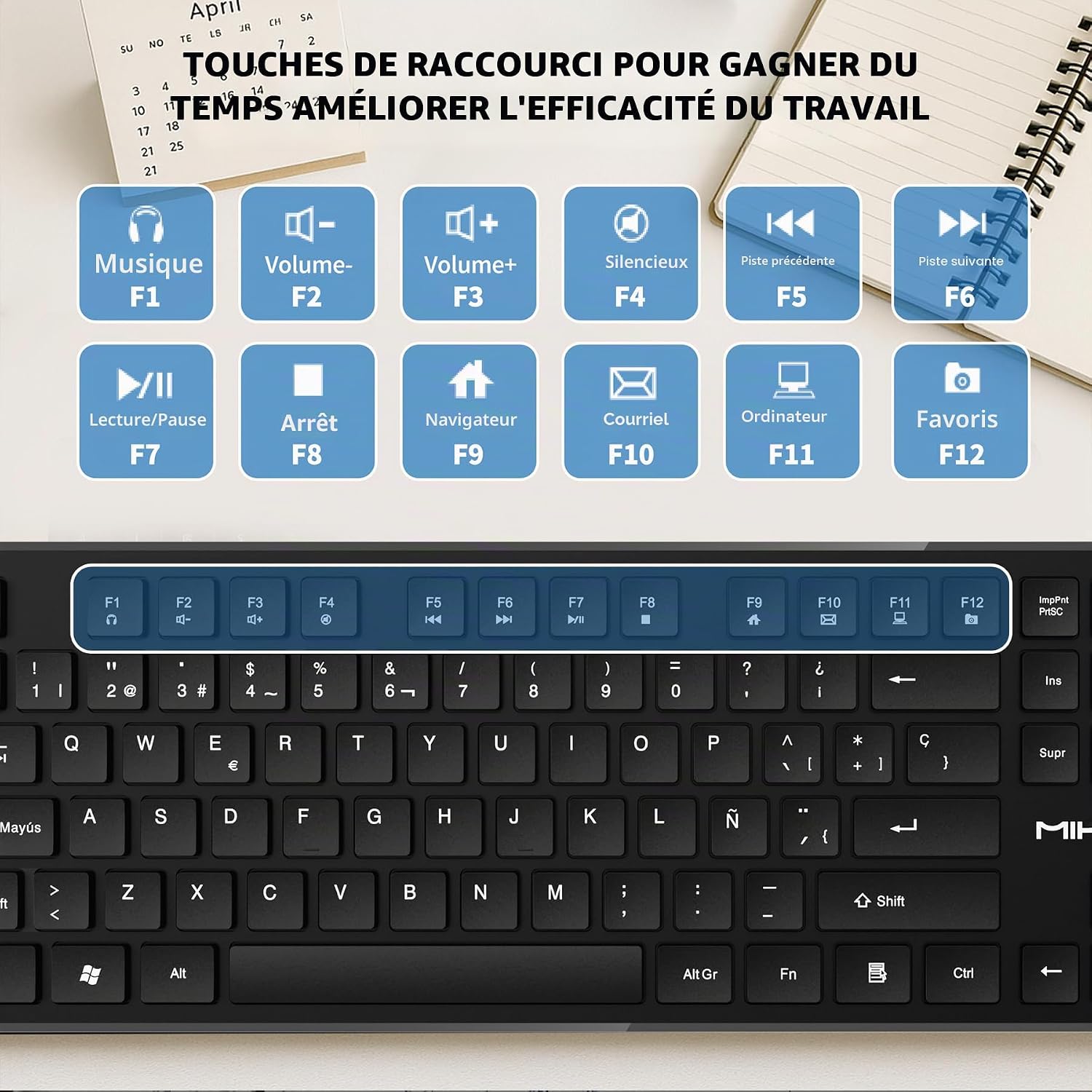 A close-up of a black computer keyboard with a blue overlay showing enlarged shortcut labels for F1 through F12, plus French text at the top about touch acceleration and work efficiency.