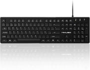 A black wired computer keyboard with white lettering and a visible MIKUSO logo on the right side, shown on a clean white background with a soft reflection underneath.