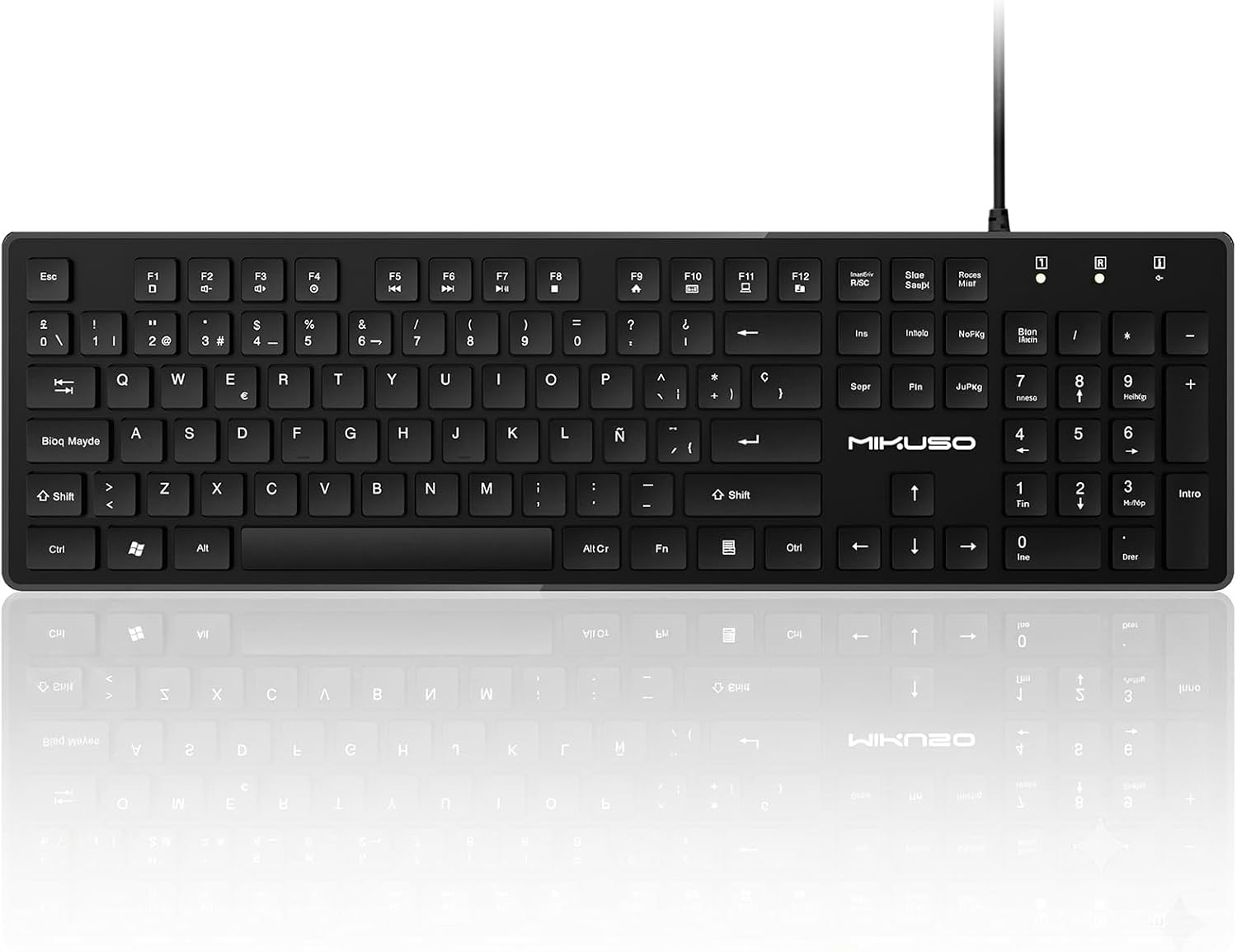 A black wired computer keyboard with white lettering and a visible MIKUSO logo on the right side, shown on a clean white background with a soft reflection underneath.
