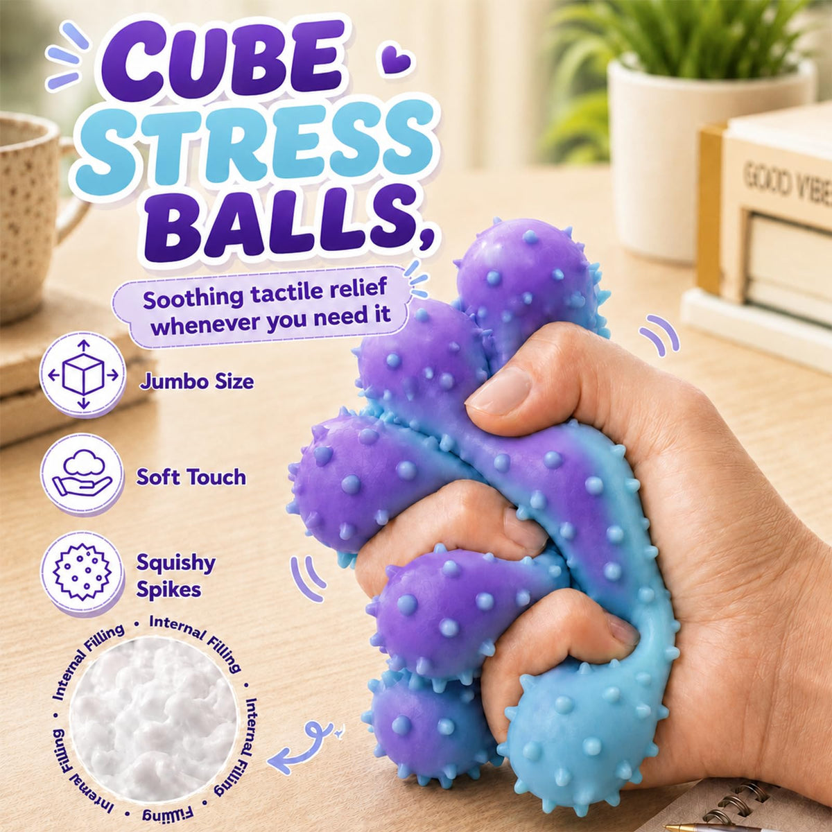 Spiky sensory stress toy being squeezed by hand