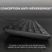A black computer keyboard shown at an angle on a dark reflective surface with water droplets. Large French text at the top reads 'CONCEPTION ANTI-DÉVERSEMENT' and smaller text at the bottom explains a spill-resistant feature.