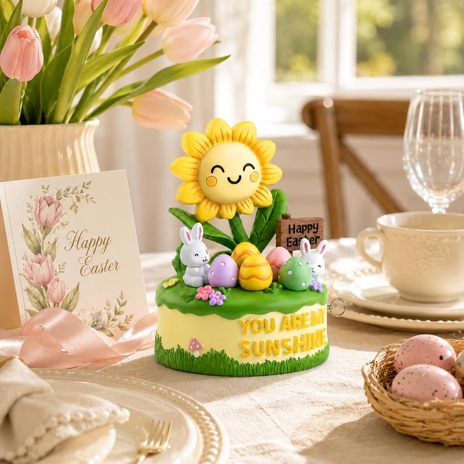 Easter music box decorating a spring dining table