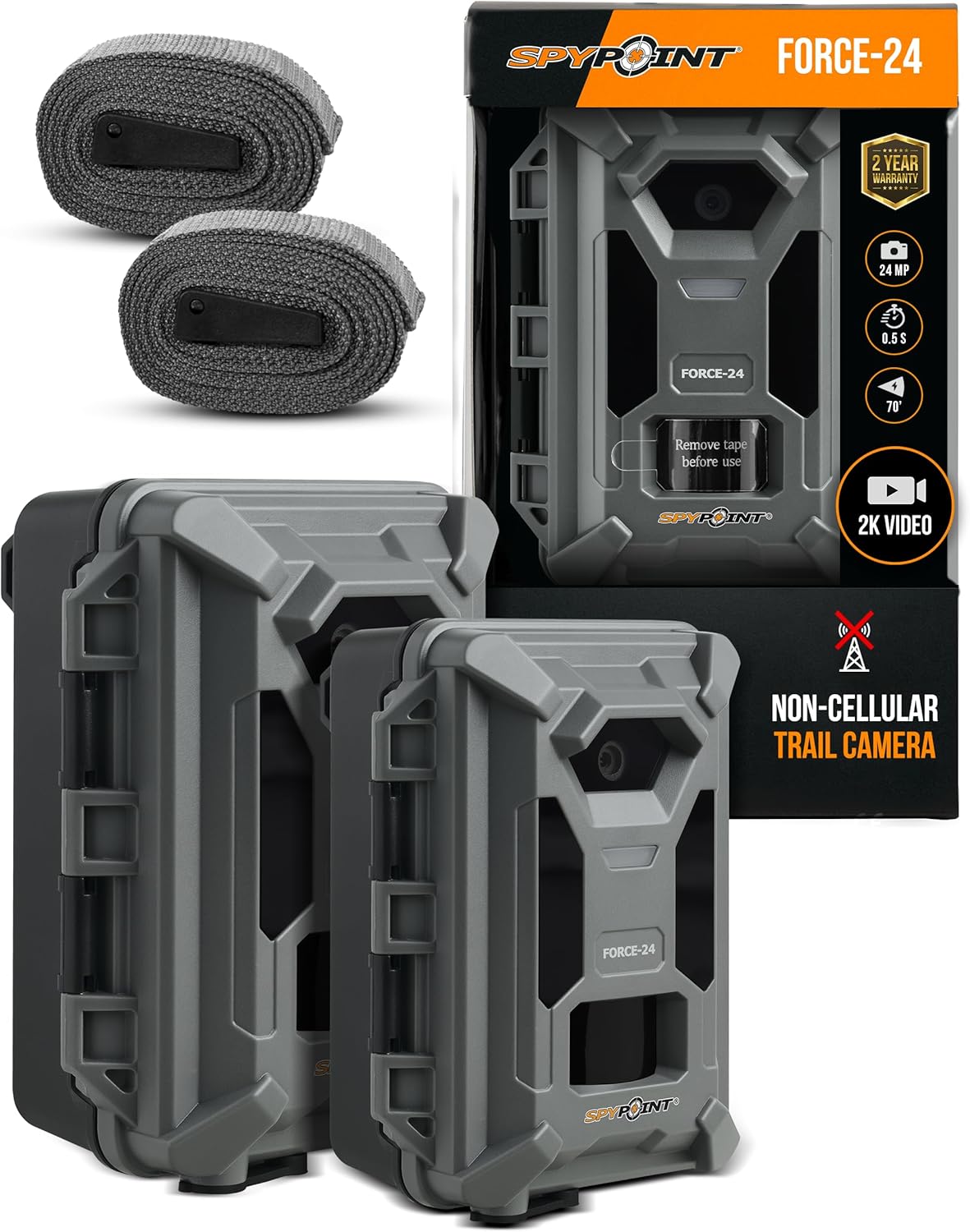 SPYPOINT FORCE-24 2-pack trail camera set with packaging and mounting straps