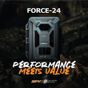 SPYPOINT FORCE-24 camera close-up with “performance meets value” text