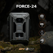 FORCE-24 trail camera showing key specs like 24MP, 2K video, 0.5s trigger