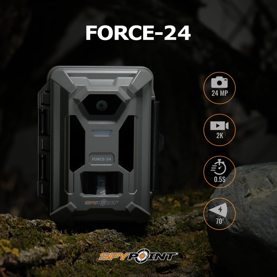 FORCE-24 trail camera showing key specs like 24MP, 2K video, 0.5s trigger