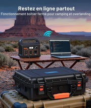 Starlink Mini case in outdoor camping setup powering a portable satellite system