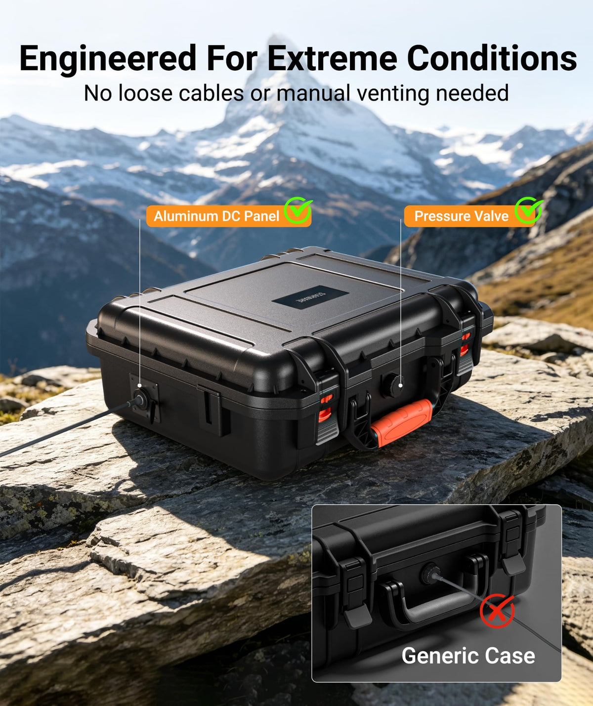 Rugged Starlink Mini case with aluminum DC panel and pressure balance valve