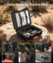 Open Starlink Mini hard case showing foam storage, locking latches and DC panel