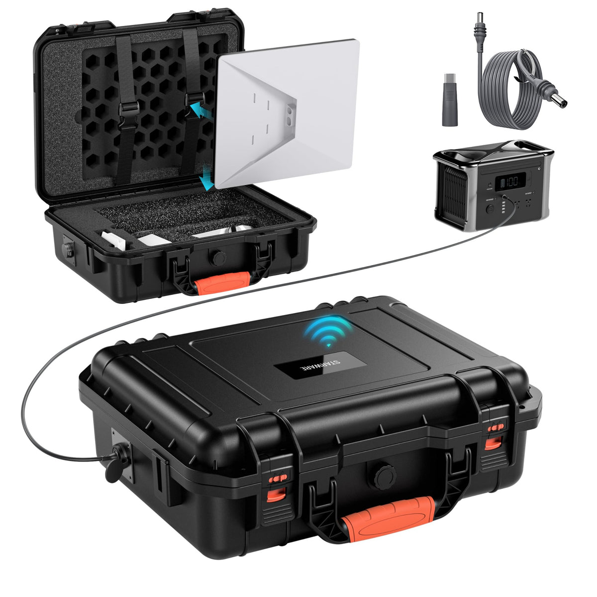 Starlink Mini waterproof hard case with DC power port, cable and USB-C adapter
