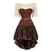 Brown piratecore corset outfit with floral skirt, belt and chain detail, and off-shoulder blouse