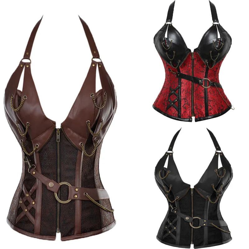 Three-color options for steampunk corset: brown, red-black, and black.