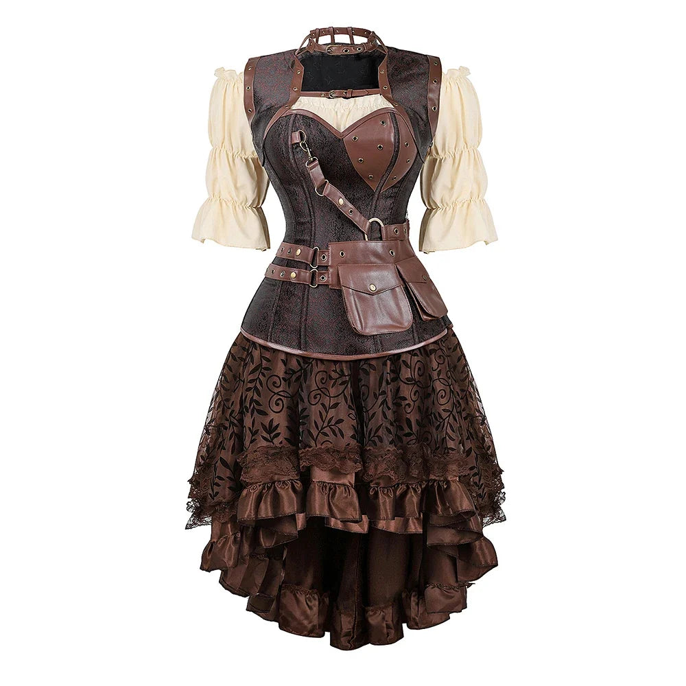 Three-piece utility corset outfit with blouse, floral skirt, belt and pouch