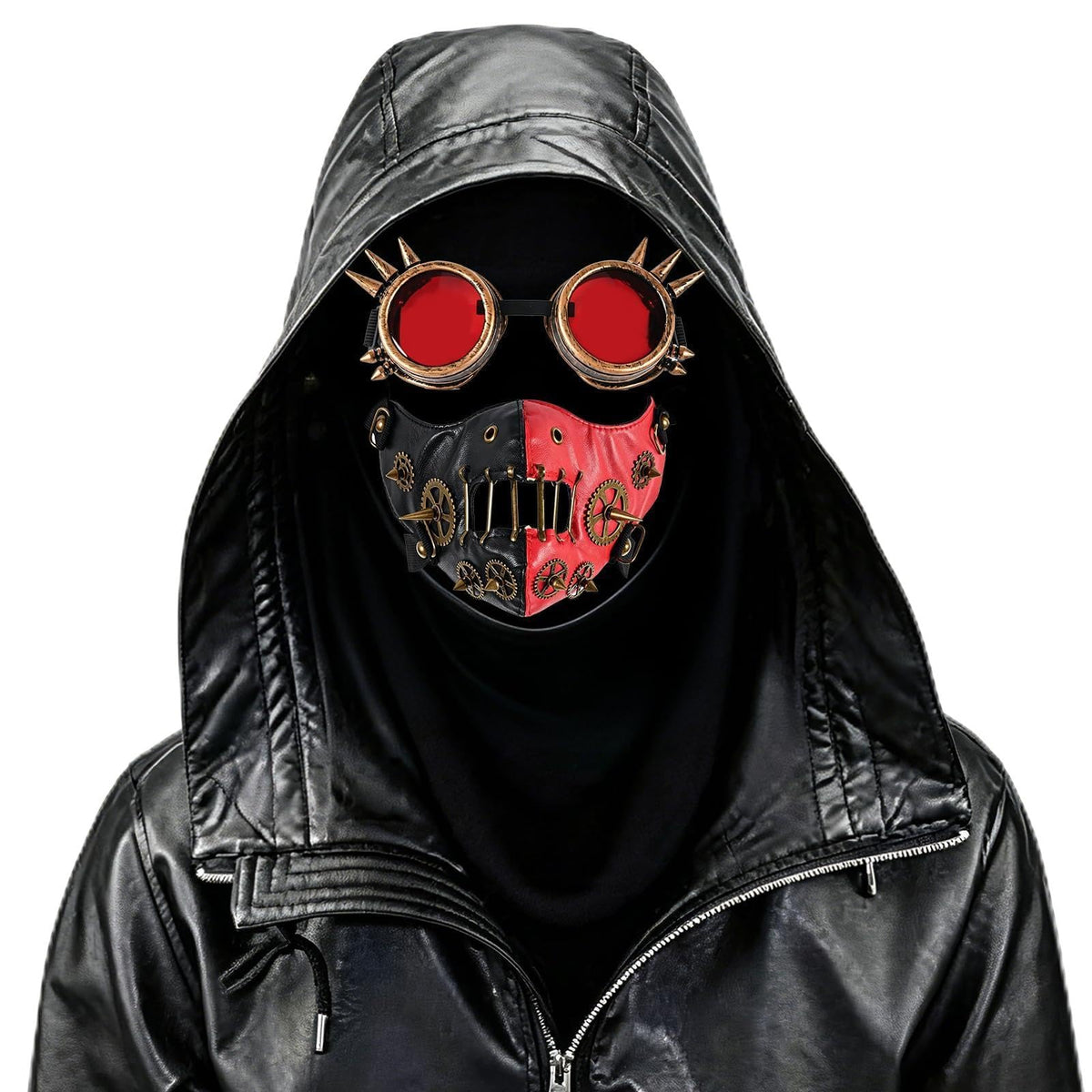 Steampunk costume goggles with red lenses and matching half mask worn with hood