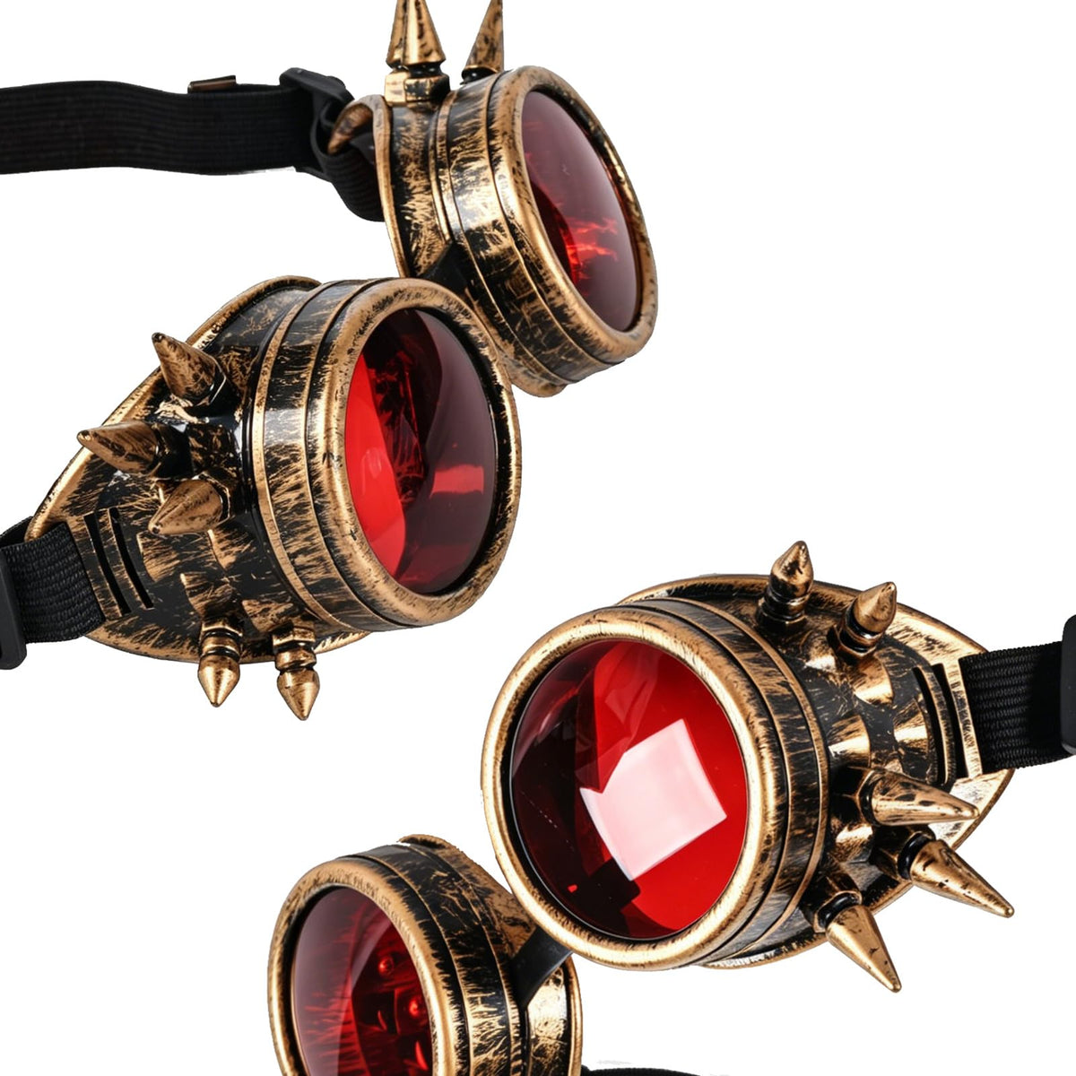Close-up of bronze tone spiked steampunk costume goggles and red lenses