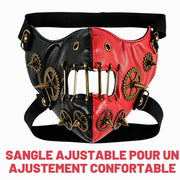 Red and black half mask with bronze-tone decorative gears and adjustable straps