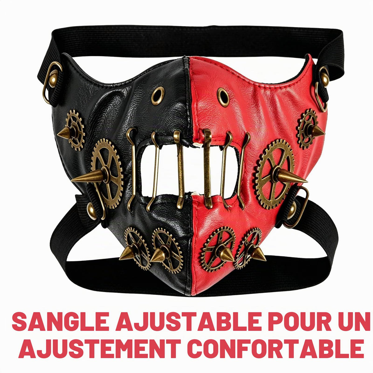 Red and black half mask with bronze-tone decorative gears and adjustable straps