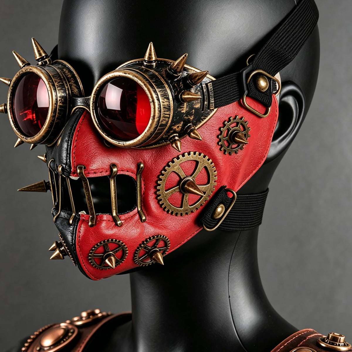 Side view of steampunk goggles and half mask worn on mannequin