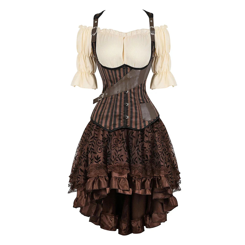Brown striped buckle corset outfit with cream puff-sleeve blouse and floral skirt