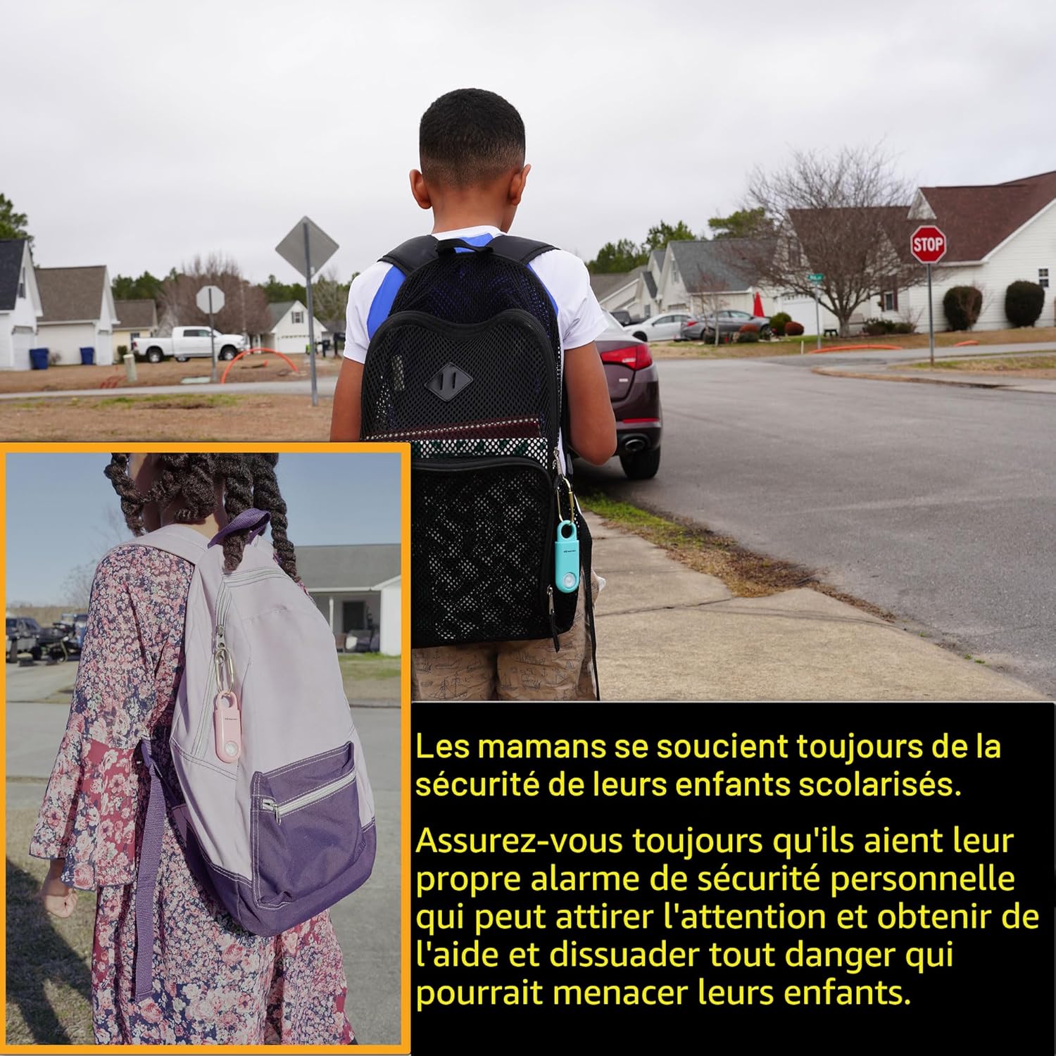 Personal alarm attached to a backpack for student safety