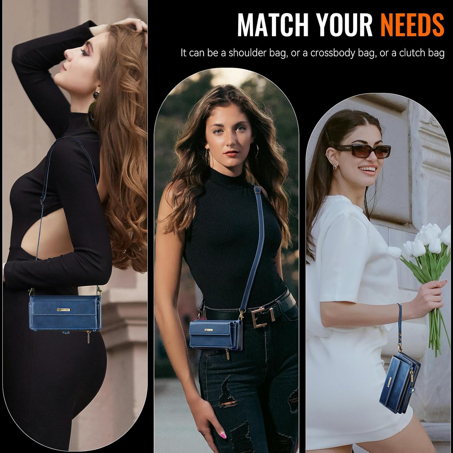 Fashionable women using the crossbody wallet phone case outdoors