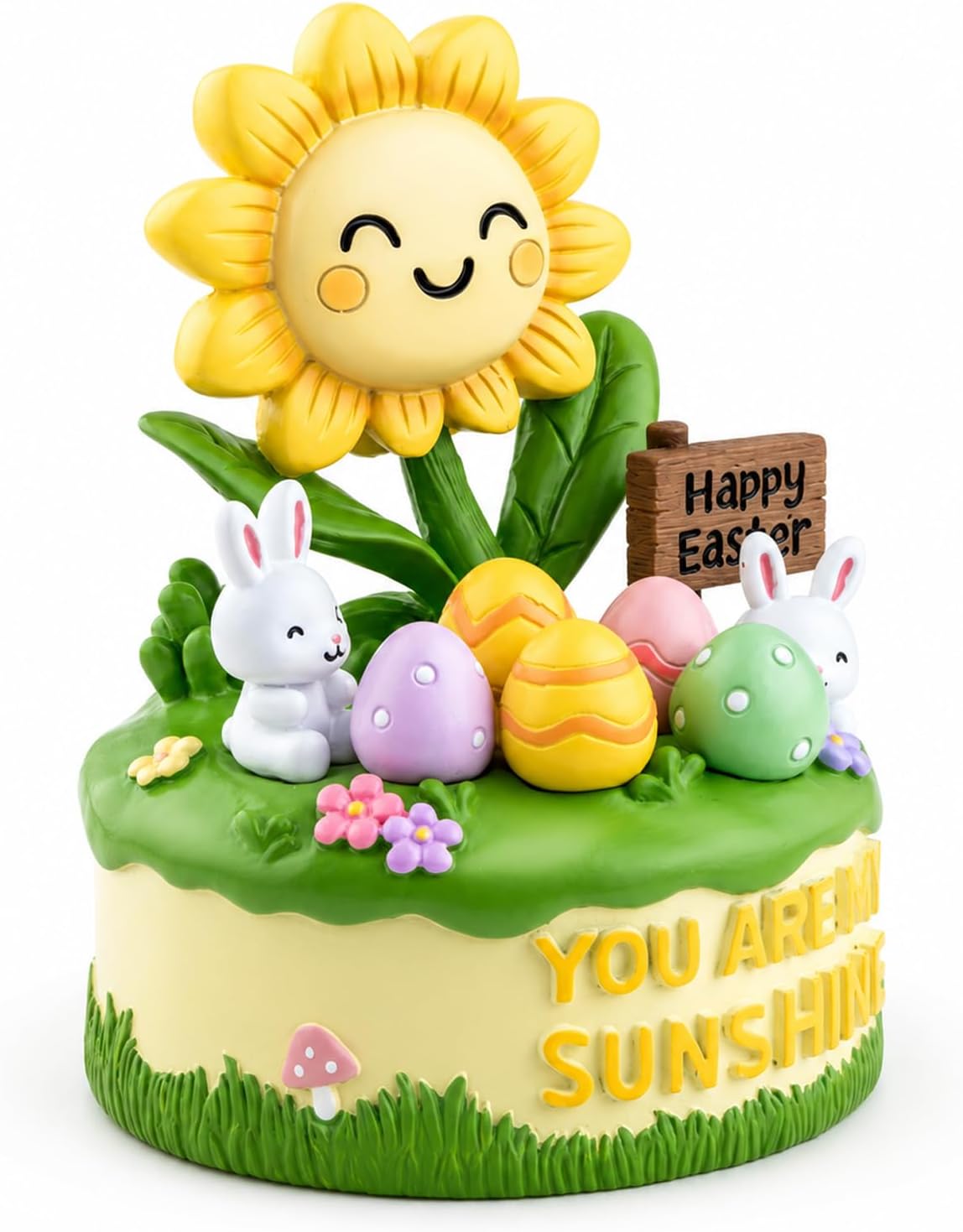 Angled view of hand-painted Easter music box with sunflower and Easter eggs