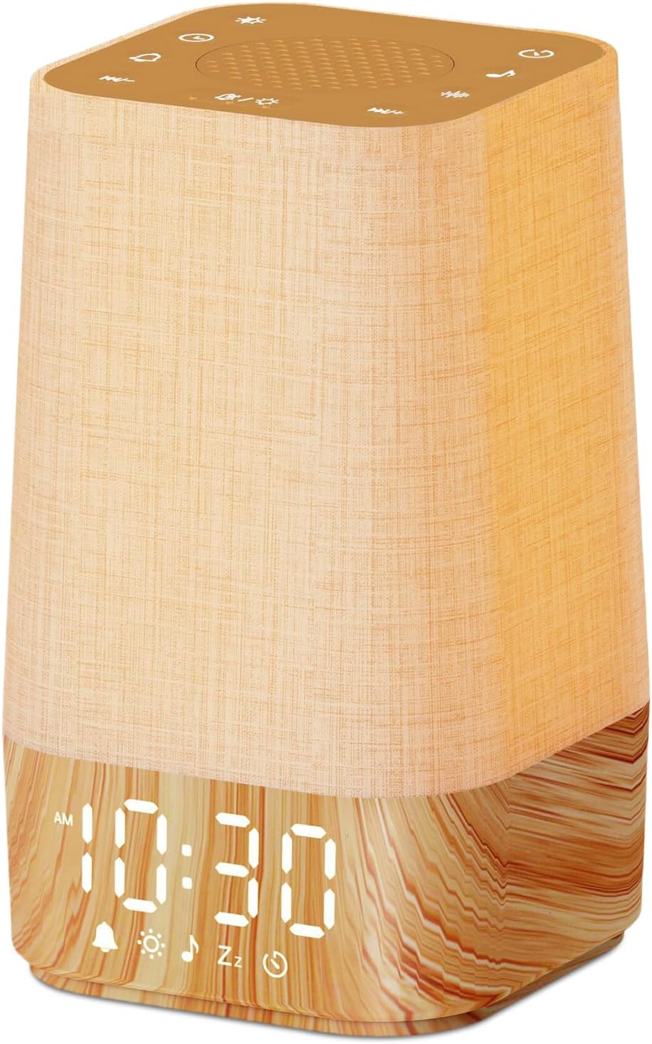 Stylish sunrise alarm clock with wood grain base and soft amber glow.
