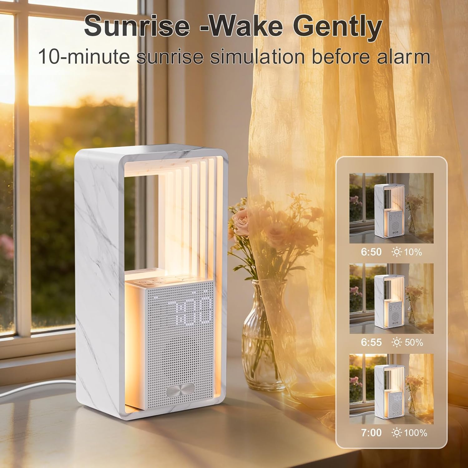 Sunrise simulation alarm clock gradually brightening before wake-up