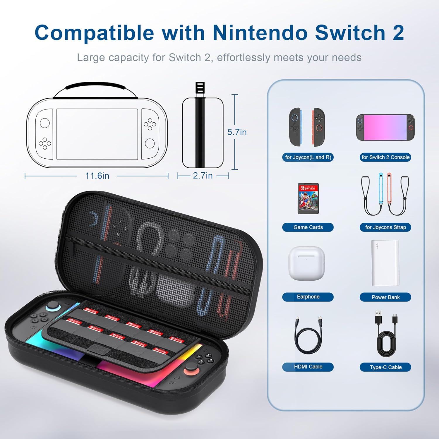 Switch 2 carrying case showing internal compartments and accessory storage capacity