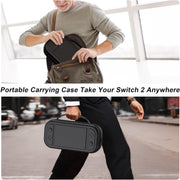 Internal layout of the Switch 2 case with labeled parts including mesh pocket and game card slots
