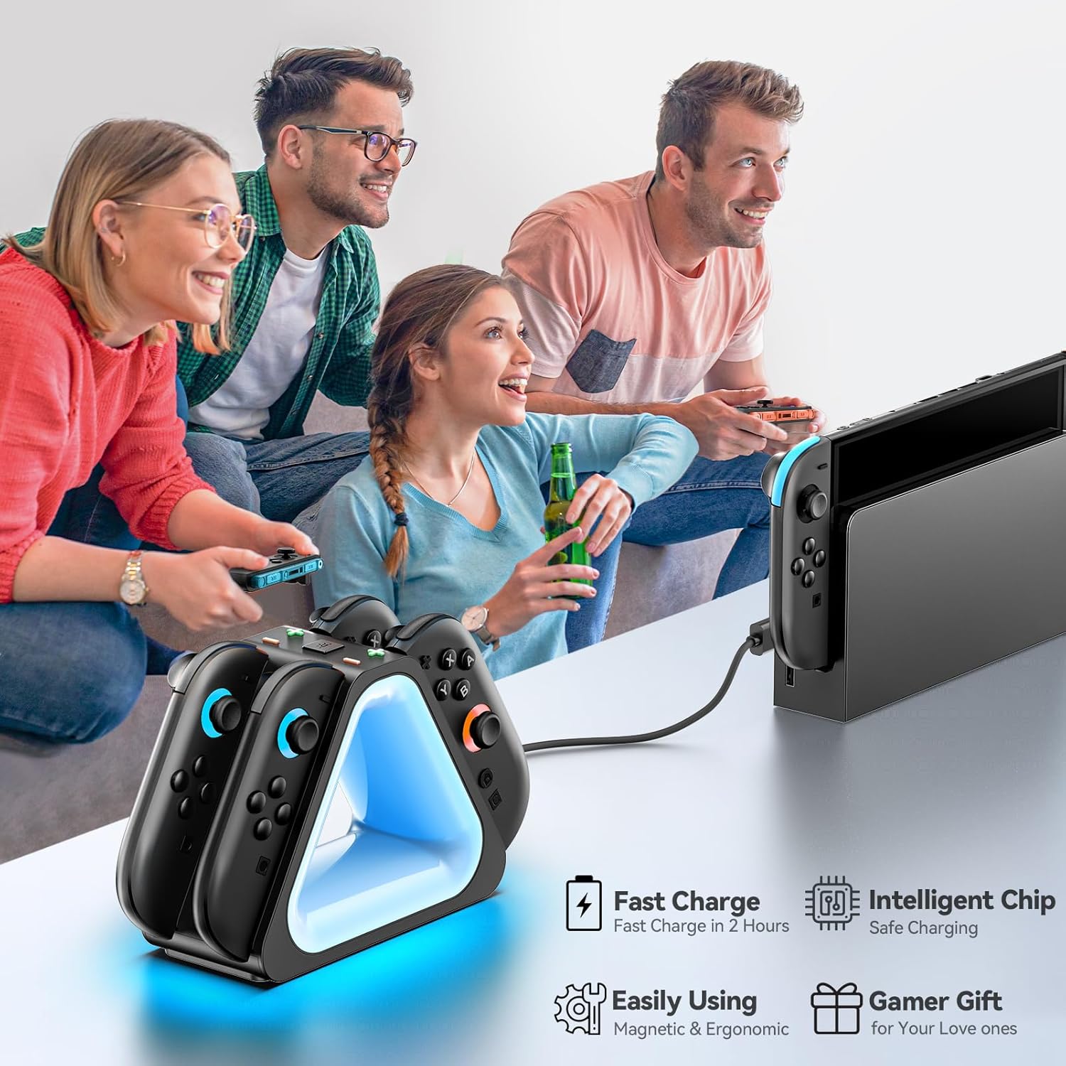 Friends gaming with Nintendo Switch 2 using RGB controller charging dock