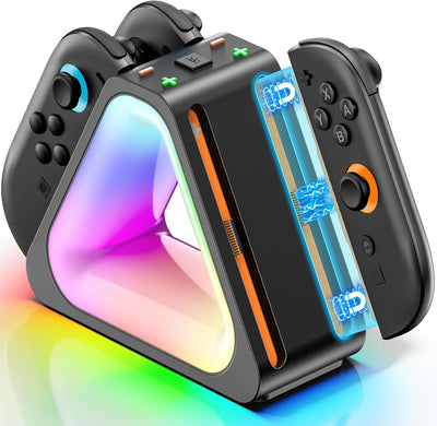 RGB Fast Charging Dock for Switch 2 Joycons – 4-Controller Magnetic Charger Station with USB-C, LED Indicator & Smart Chip