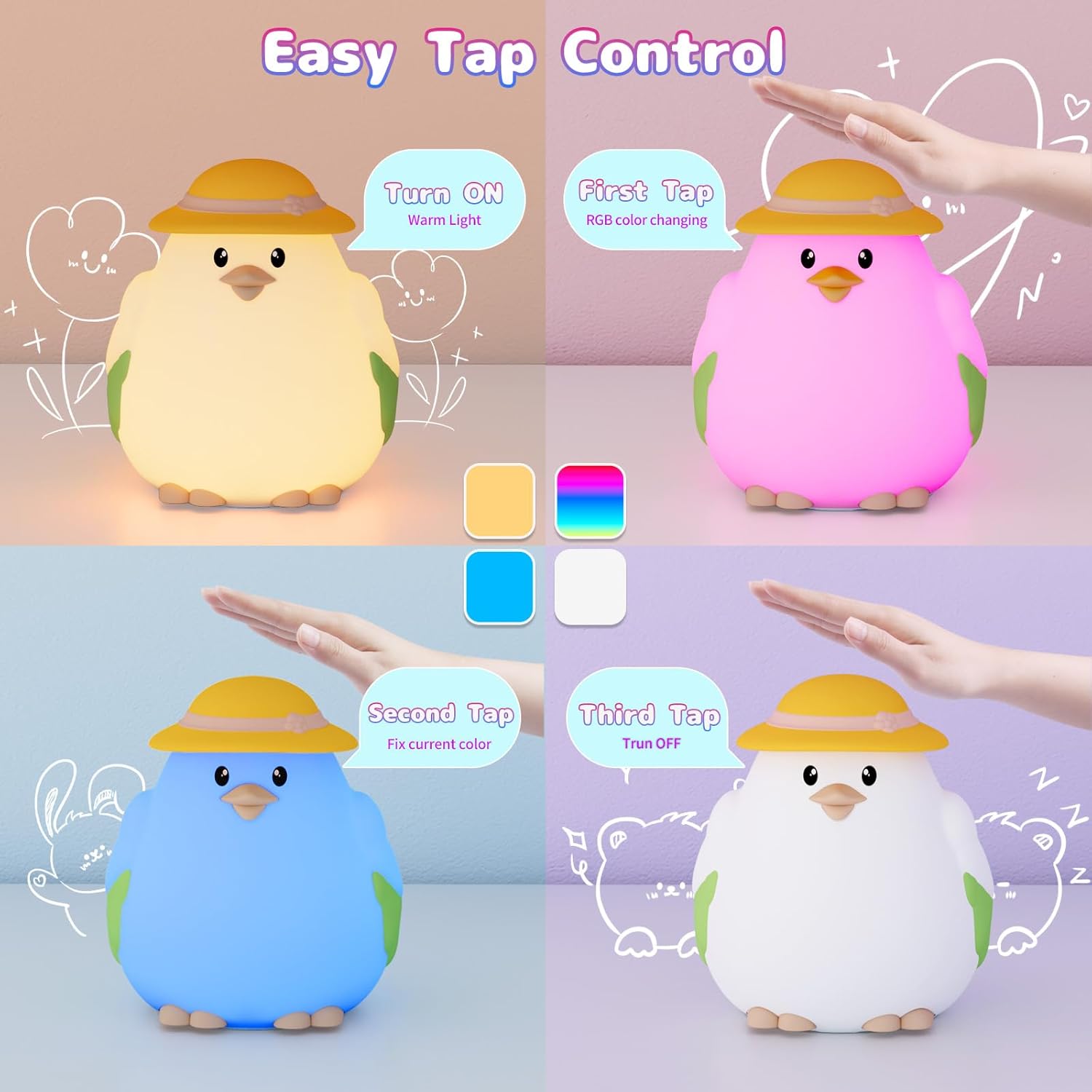 Easy tap control showing different functions of the color-changing chicken night light.