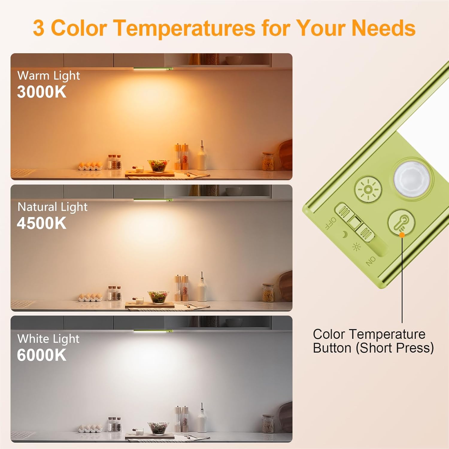 LED cabinet light switching between warm, natural, and white light settings.